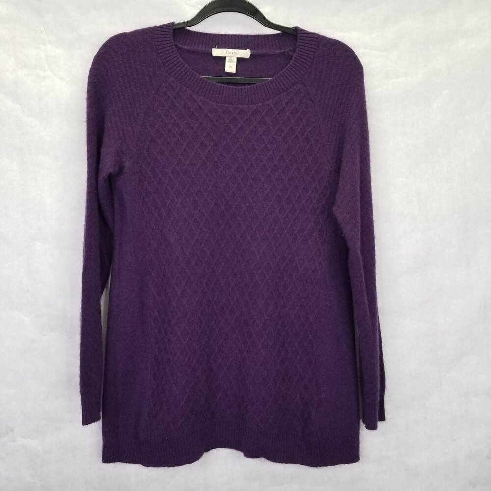 Lark & Ro Cashmere Sweater Womens M Crew Neck Diamond Cable Knit Purple Pullover
